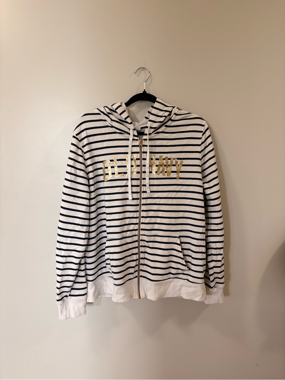 Old Navy White & Navy Striped Zip-Up Hoodie with Gold Logo